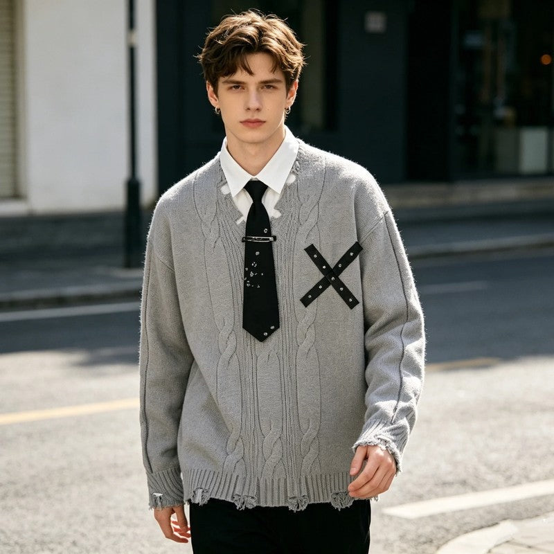Julian Men's Distressed Layered Knit Sweater