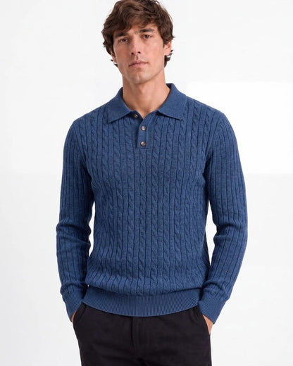 David Men's Cable Knit Polo Sweater